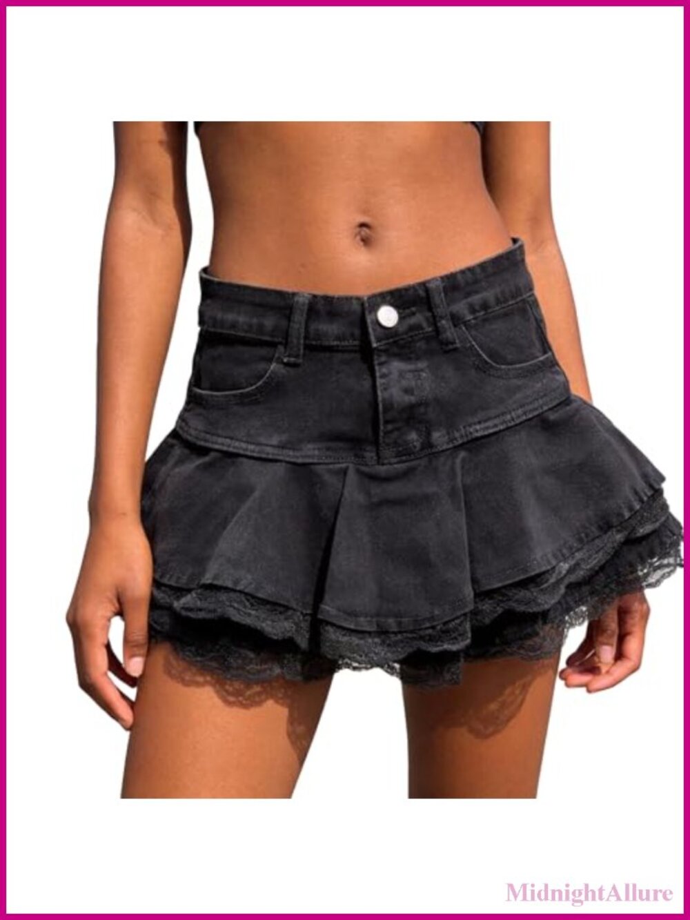 Women's Denim Skirt Double-Layer Hem Lace Trim High-Waisted Fitted A-Line Mini